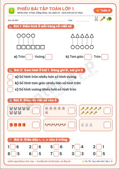 Phiếu bài tập cuối tuần Toán lớp 1 tuần 3 đẹp, in màu: Nhiều hơn, ít hơn, bằng nhau. So sánh số