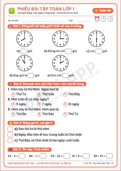 Phiếu bài tập cuối tuần Toán lớp 1 tuần 30 đẹp, in màu: Xem giờ đúng. Các ngày trong tuần