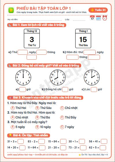Phiếu bài tập Toán lớp 1 tuần 31: Các ngày trong tuần (tiếp) · Thực hành xem lịch và giờ