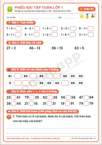 Phiếu bài tập cuối tuần Toán lớp 1 tuần 33 đẹp, in màu: Ôn tập số và phép tính trong phạm vi 100