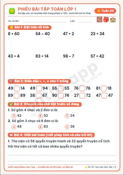 Phiếu bài tập cuối tuần Toán lớp 1 tuần 34 đẹp, in màu: Ôn tập các số và phép tính trong phạm vi 100
