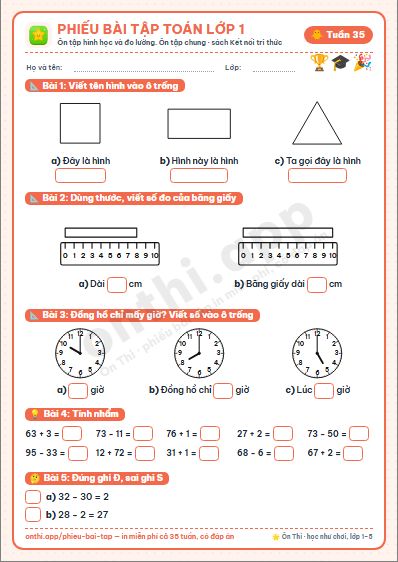 Phiếu bài tập cuối tuần Toán lớp 1 tuần 35 đẹp, in màu: Ôn tập hình học và đo lường. Ôn tập chung