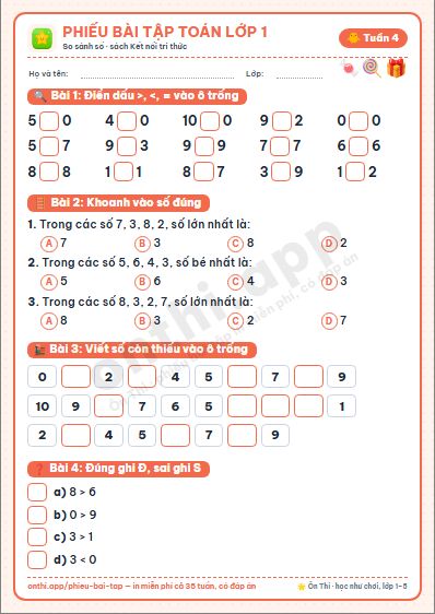 Phiếu bài tập Toán lớp 1 tuần 4: So sánh số