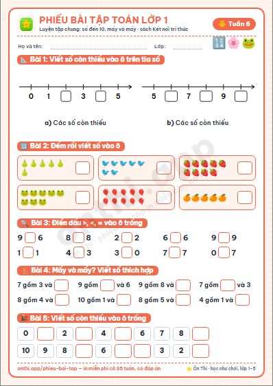 Phiếu bài tập cuối tuần Toán lớp 1 tuần 6 đẹp, in màu: Luyện tập chung: số đến 10, mấy và mấy
