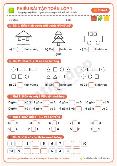 Phiếu bài tập Toán lớp 1 tuần 8: Thực hành lắp ghép, xếp hình · Luyện tập chung