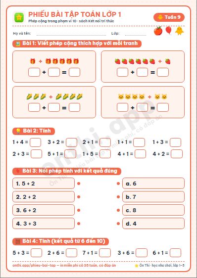 Phiếu bài tập Toán lớp 1 tuần 9: Phép cộng trong phạm vi 10