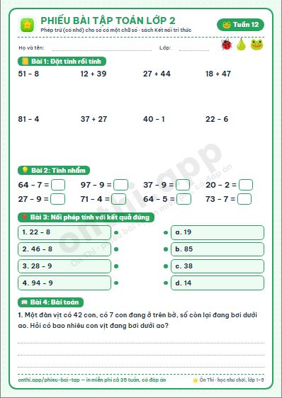 Phiếu bài tập cuối tuần Toán lớp 2 tuần 12 đẹp, in màu: Phép trừ (có nhớ) cho số có một chữ số