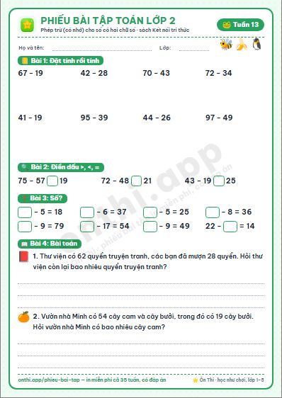 Phiếu bài tập Toán lớp 2 tuần 13: Phép trừ (có nhớ) số có hai chữ số cho số có hai chữ số