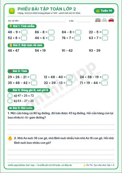 Phiếu bài tập cuối tuần Toán lớp 2 tuần 14 đẹp, in màu: Cộng, trừ (có nhớ) trong phạm vi 100