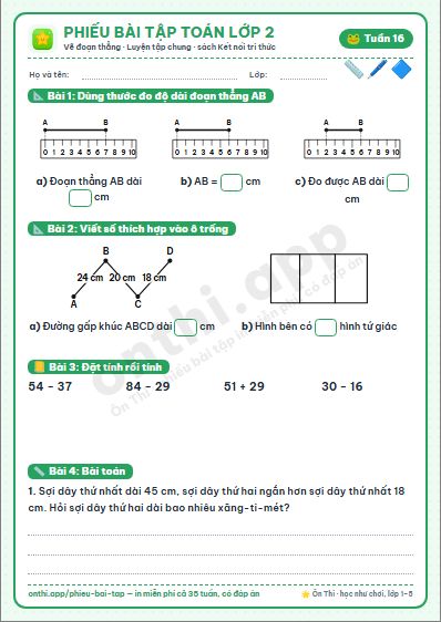 Phiếu bài tập cuối tuần Toán lớp 2 tuần 16 đẹp, in màu: Vẽ đoạn thẳng · Luyện tập chung