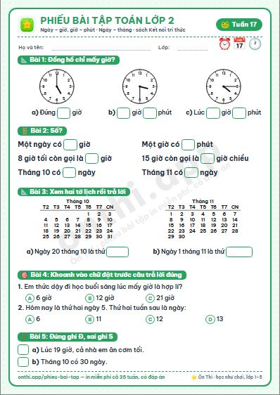 Phiếu bài tập Toán lớp 2 tuần 17: Ngày – giờ, giờ – phút · Ngày – tháng
