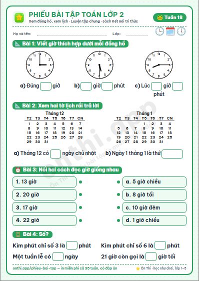 Phiếu bài tập cuối tuần Toán lớp 2 tuần 18 đẹp, in màu: Xem đồng hồ, xem lịch · Luyện tập chung