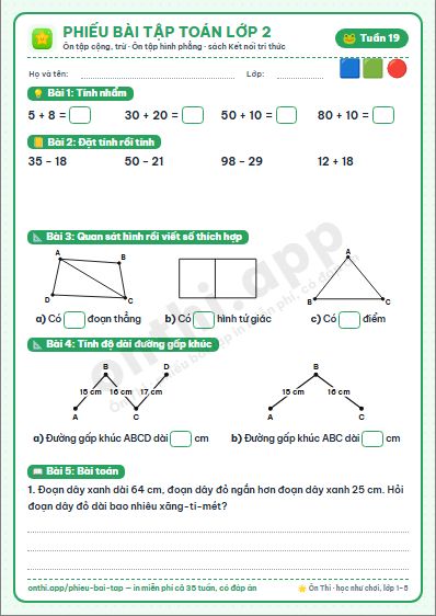 Phiếu bài tập Toán lớp 2 tuần 19: Ôn tập phép cộng, phép trừ trong phạm vi 20, 100 · Ôn tập hình phẳng