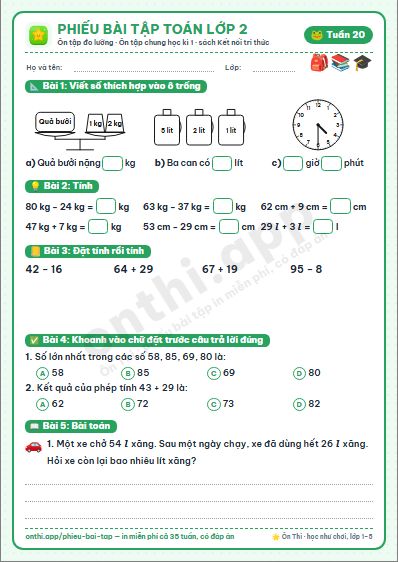 Phiếu bài tập Toán lớp 2 tuần 20: Ôn tập đo lường · Ôn tập chung