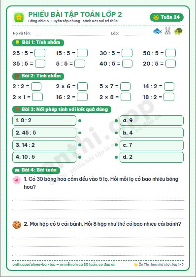 Phiếu bài tập Toán lớp 2 tuần 24: Bảng chia 5 · Luyện tập chung