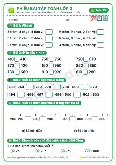 Phiếu bài tập Toán lớp 2 tuần 27: Các số tròn trăm, tròn chục · So sánh các số tròn trăm, tròn chục · Số có ba chữ số
