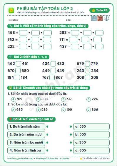 Phiếu bài tập cuối tuần Toán lớp 2 tuần 28 đẹp, in màu: Viết số thành tổng · So sánh số có ba chữ số