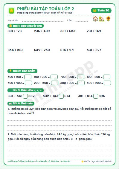 Phiếu bài tập Toán lớp 2 tuần 30: Luyện tập chung · Phép cộng (không nhớ) trong phạm vi 1000 · Phép cộng (có nhớ) trong phạm vi 1000