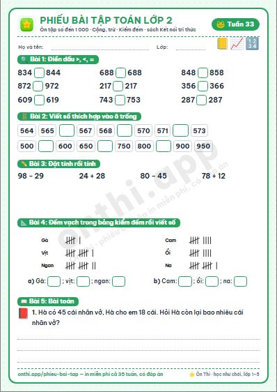 Phiếu bài tập Toán lớp 2 tuần 33: Thực hành và trải nghiệm thu thập, phân loại, kiểm đếm số liệu · Ôn tập các số trong phạm vi 1000 · Ôn tập phép cộng, phép trừ trong phạm vi 100