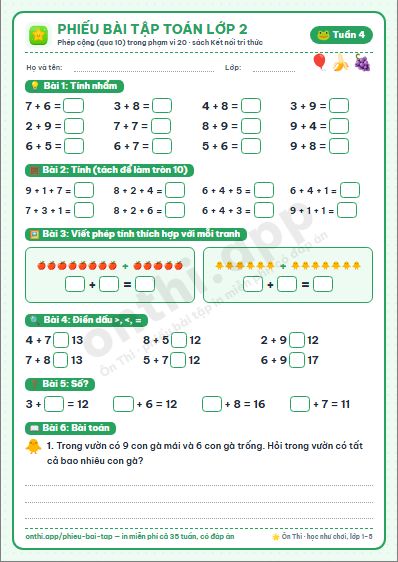 Phiếu bài tập Toán lớp 2 tuần 4: Phép cộng (qua 10) trong phạm vi 20