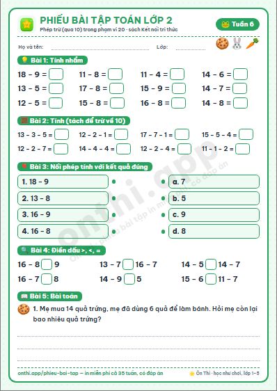 Phiếu bài tập cuối tuần Toán lớp 2 tuần 6 đẹp, in màu: Phép trừ (qua 10) trong phạm vi 20