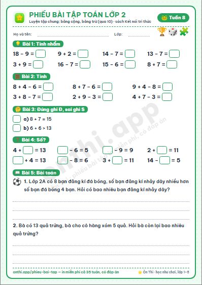 Phiếu bài tập cuối tuần Toán lớp 2 tuần 8 đẹp, in màu: Luyện tập chung: bảng cộng, bảng trừ (qua 10)