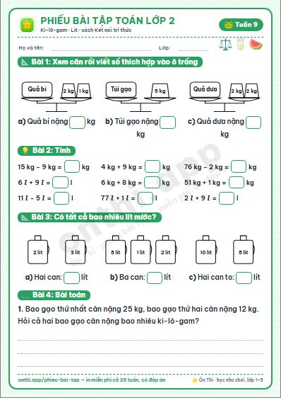 Phiếu bài tập cuối tuần Toán lớp 2 tuần 9: Ki-lô-gam, Lít
